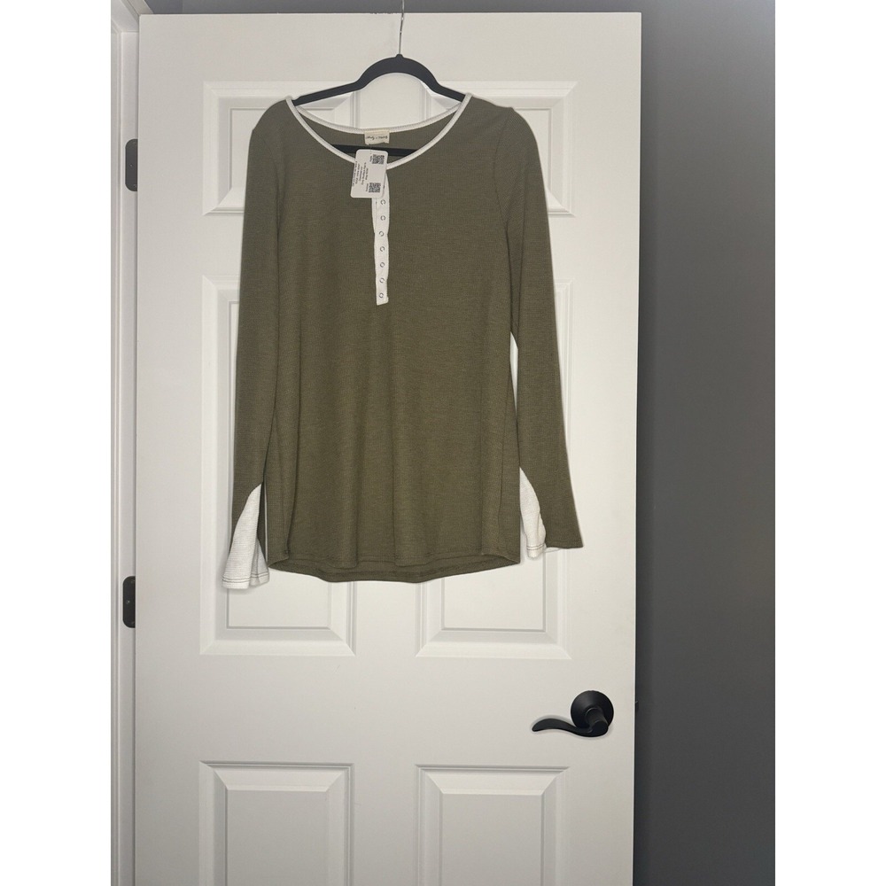 Lovely Melody Long Sleeve Waffle Knit Henley Top Contrast Trim Xl Nwt